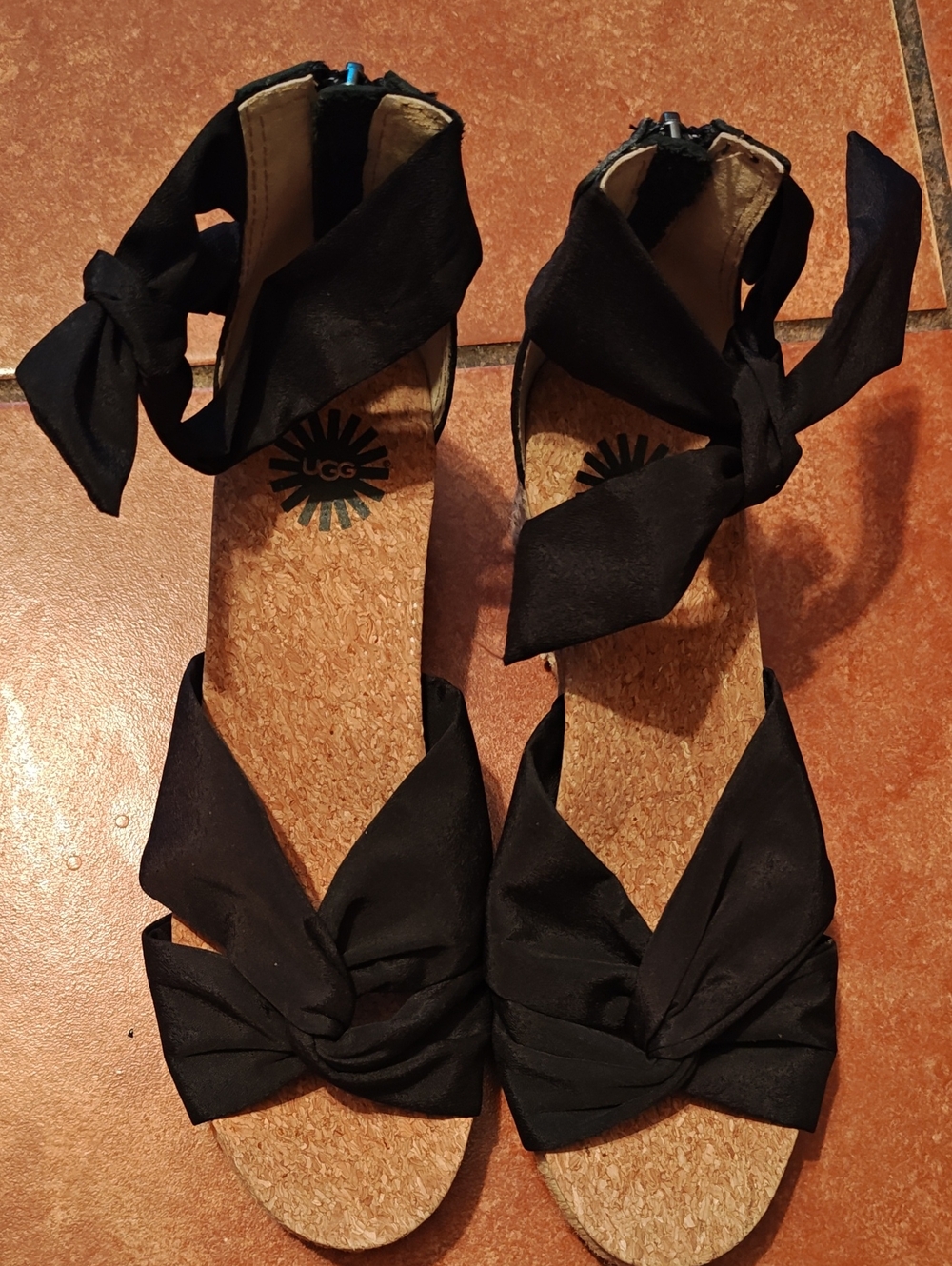 UGG Black Tie-Ankle Cork Wedge Sandals